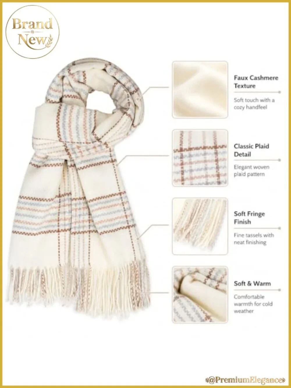 Oversized Plaid Winter Scarf Shawl Wrap with Tassels - Polyester Blend